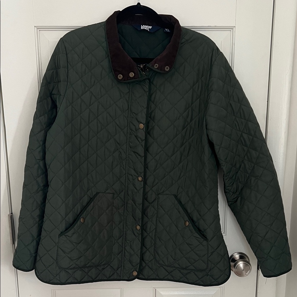 Lands' End Quilted Dark Green Barn Jacket with Brown Corduroy Collar, L/T 14/16